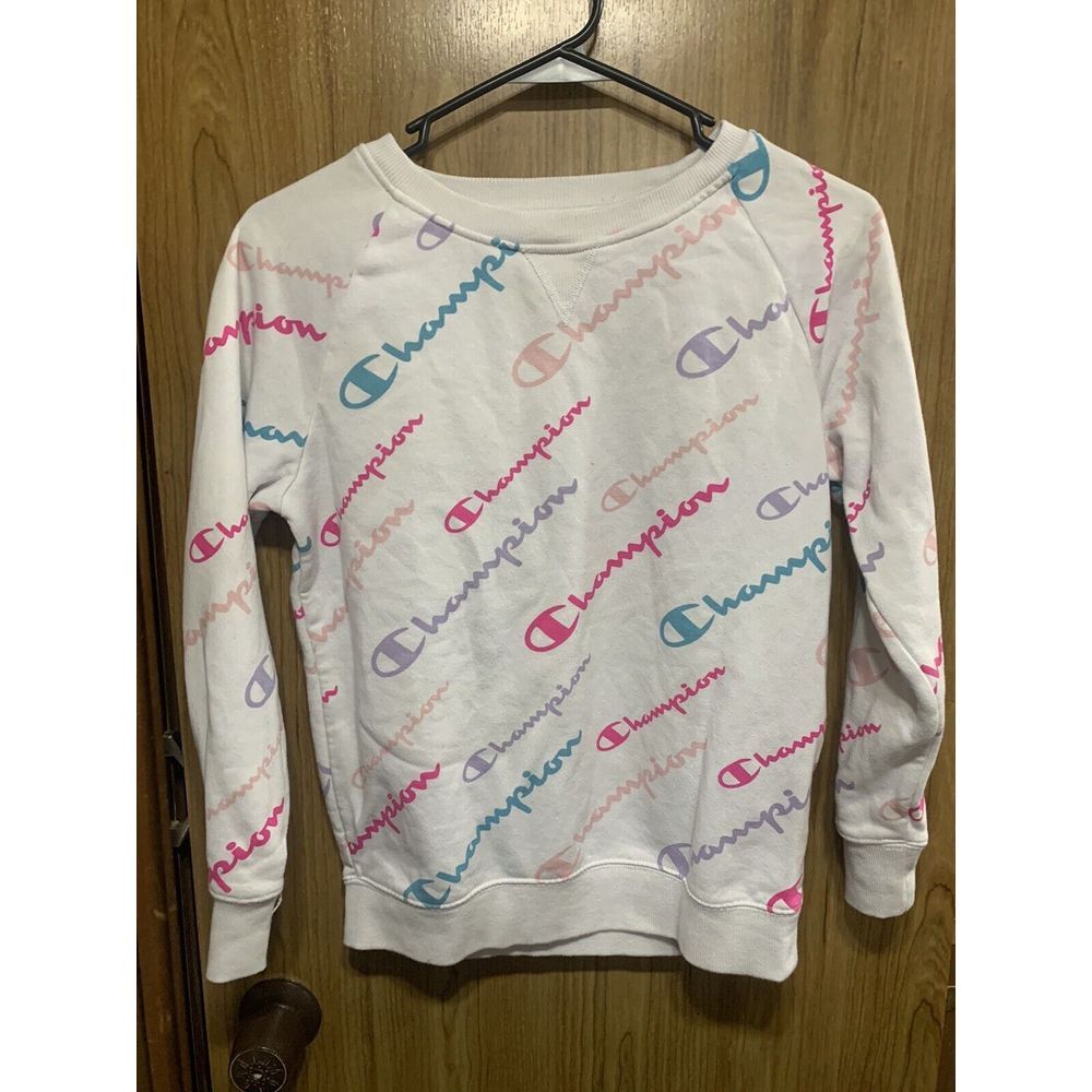Champion Sweater Girl Large‎ White Blue Spell Out Pullover Sweatshirt Kids Youth